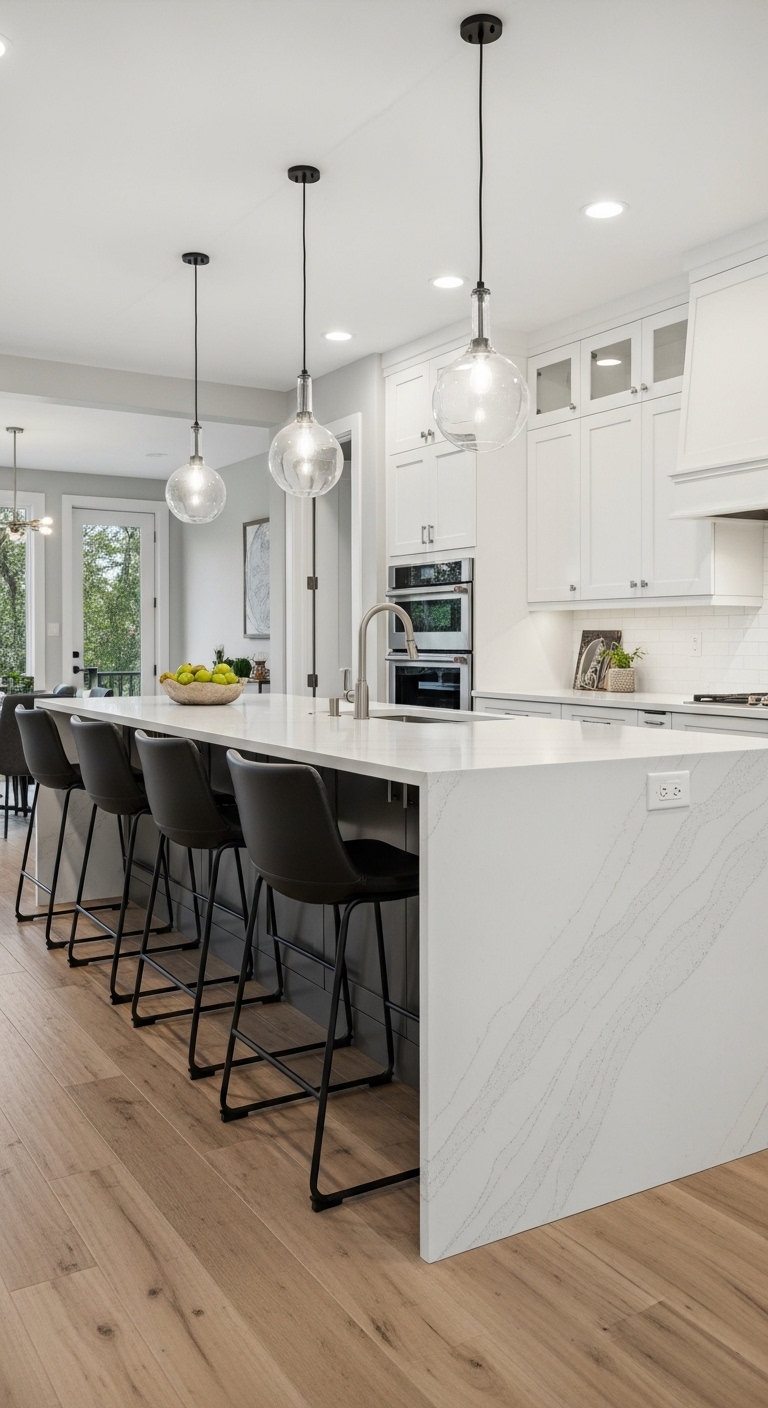 Black Bar Stools Against White Waterfall Islands