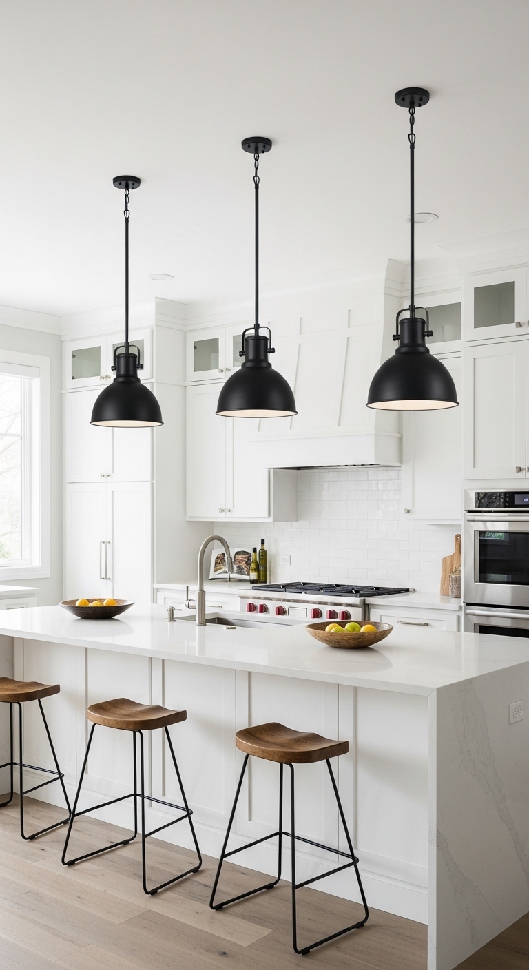 Black Pendant Lights Hanging Over White Islands