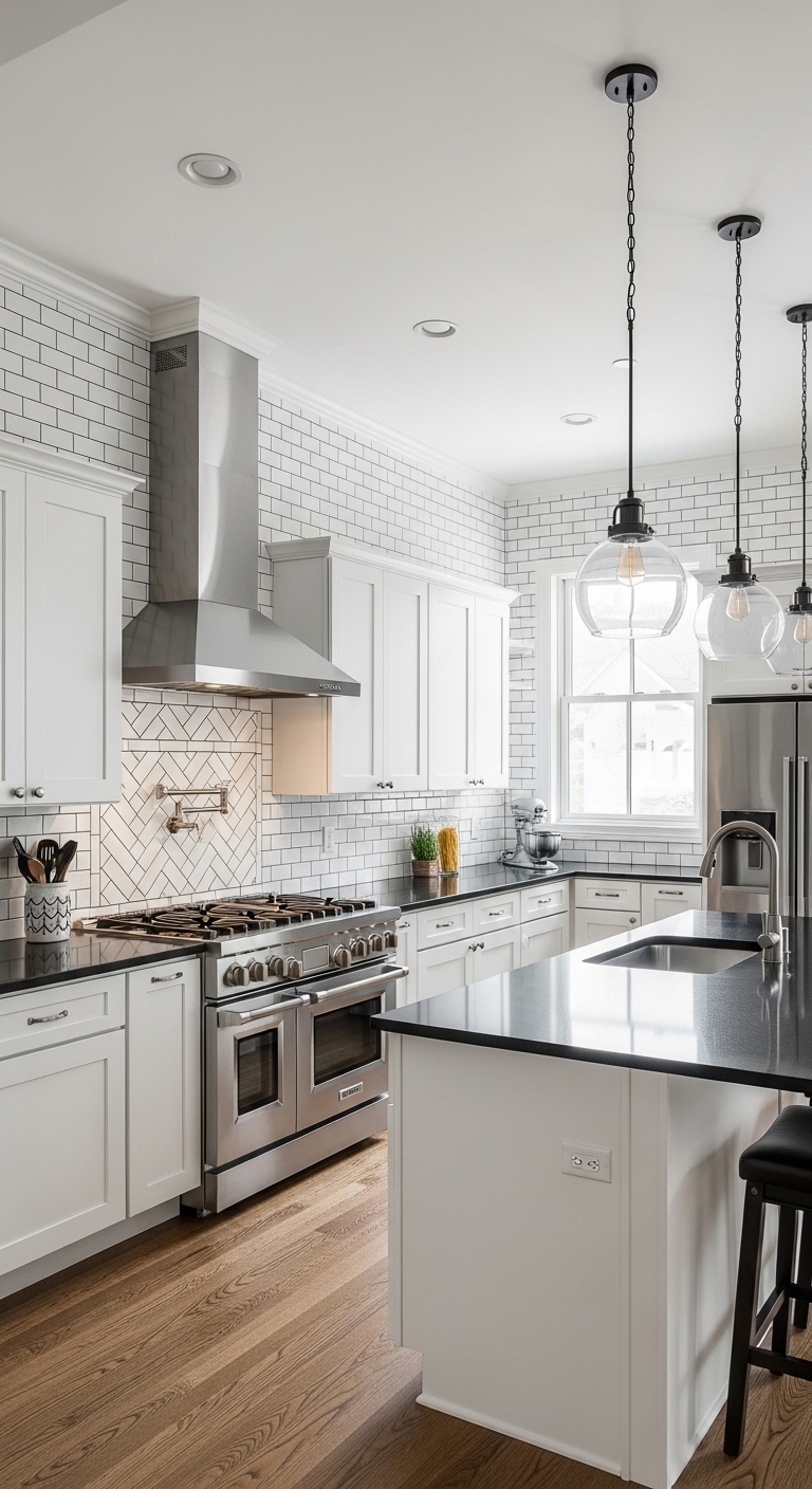 Subway Tile Backsplash in Crisp White With Black Grout