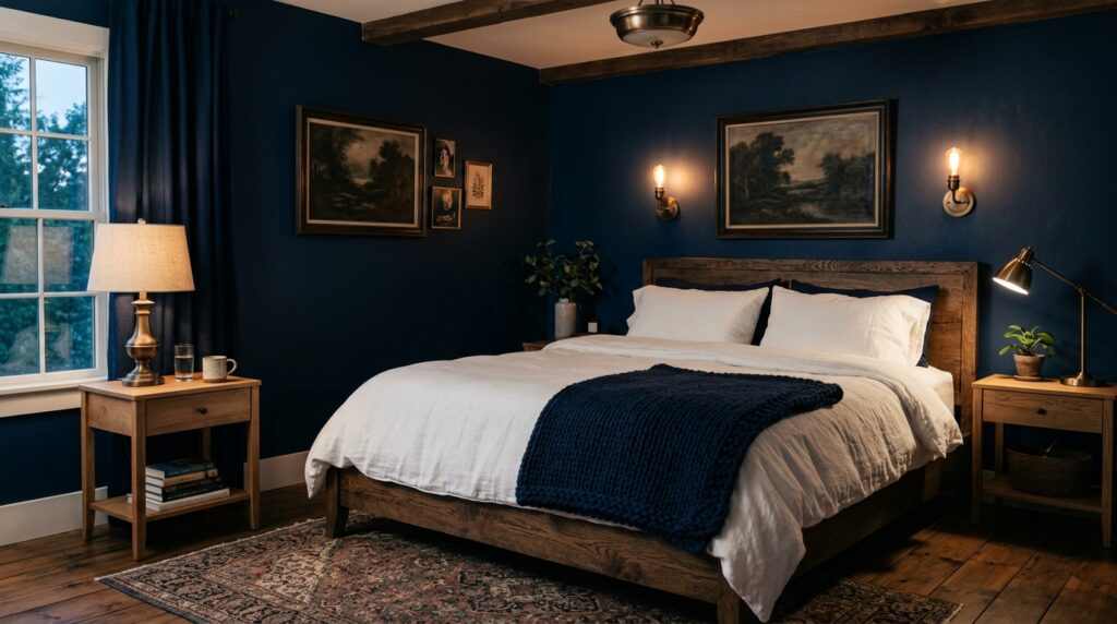 Deep navy blue bedroom wall paint color idea for 2026