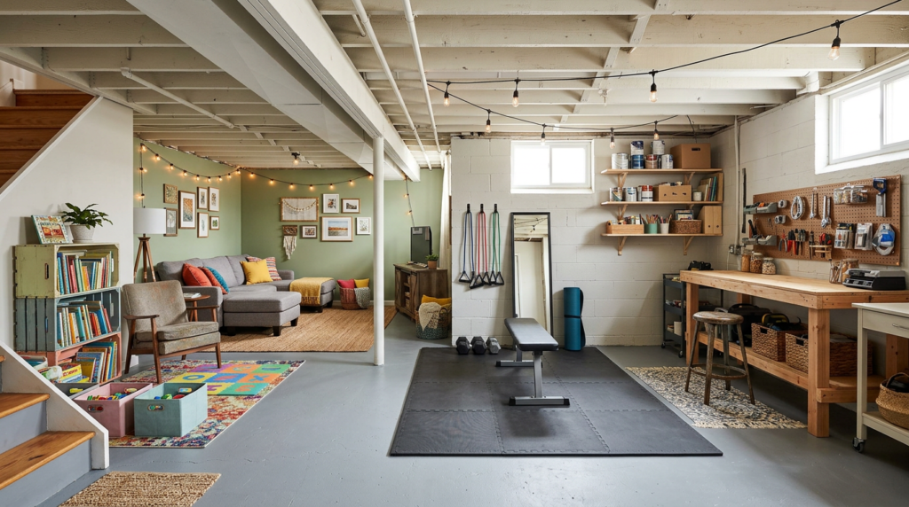 Finished basement with family reading corner, gym area, and workshop with tools and unfinished basement ideas