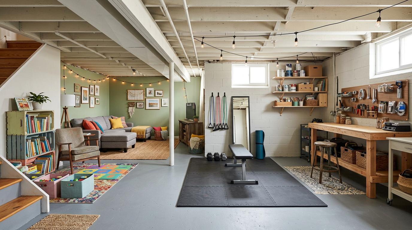 Finished basement with family reading corner, gym area, and workshop with tools