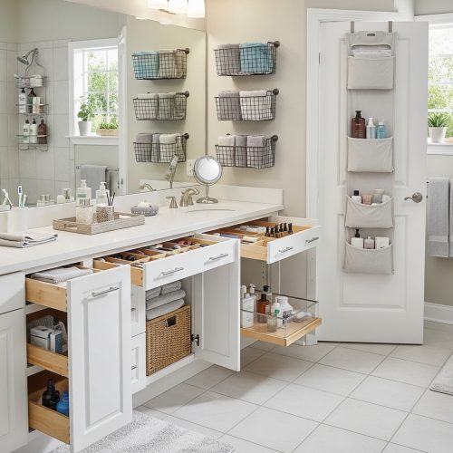 Bright modern bathroom showcasing multiple organization solutions including drawer dividers, wall baskets, over-the-door organizers, and under-sink storage systems in clean white space