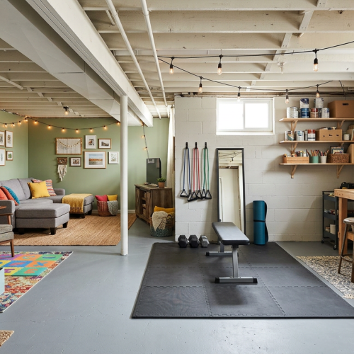 Finished basement with family reading corner, gym area, and workshop with tools